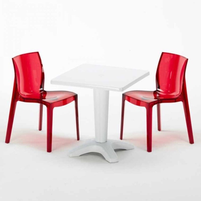 Grand Soleil - Tavolino Quadrato 70x70 cm e 2 Sedie Colorate Trasparenti Caffè | Femme Fatale Rossa Trasparente - Bianco