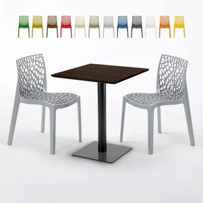Grand Soleil - Tavolo Quadrato 60x60 cm Base Nera e Top in Legno con 2 Sedie Colorate Gruvyer Kiss | Grigio