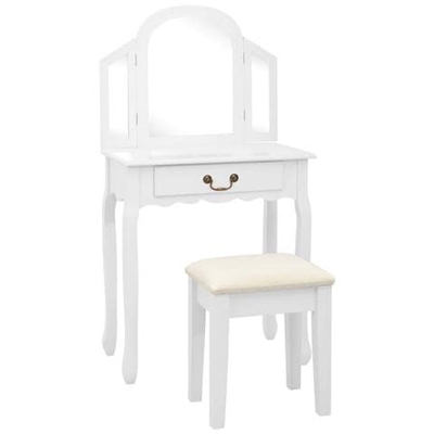 Tavolo Da Trucco E Sgabello Bianco 65x36x128 Cm Paulownia E Mdf