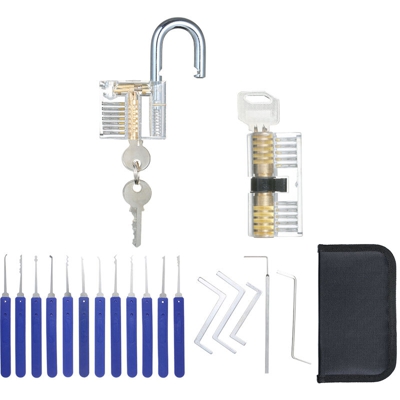 17 PCS Set per lockpicking con 2 lucchetti per esercitazioni visibili Lucchetto trasparente per addestramento Strumenti per fabbro Set per