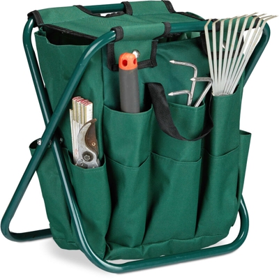 Relaxdays - Sgabello con Portautensili da Giardino, Contenitore Accessori Giardinaggio, Pieghevole, 42 x 30 x 39 cm, Verde