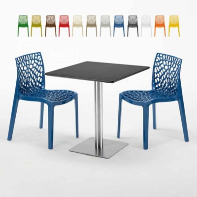 Grand Soleil - Tavolino Quadrato Nero 70x70 cm con 2 Sedie Colorate Gruvyer Rum Raisin | Blu