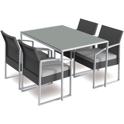 Set pranzo da giardino con tavolo e 4 poltrone in rattan sintetico con cuscini precio