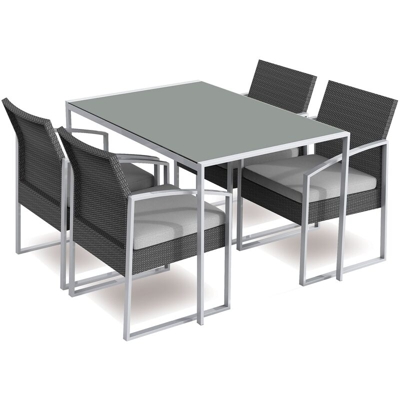 Set pranzo da giardino con tavolo e 4 poltrone in rattan sintetico con cuscini