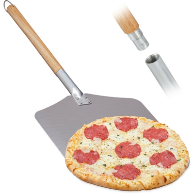Relaxdays - Pala per Pizza, in Alluminio, Manico Lungo in Legno, Paletta da Forno Pizzeria, 30,5x30,5 cm, naturale/argento