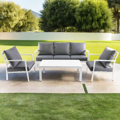 Set salotto in alluminio bianco resistente Flores arredo giardino con sedia panchina e tavolo da caffè da esterno - Bianco