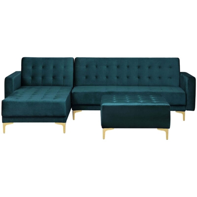 Divano letto angolare con ottomano in velluto verde acqua destro ABERDEEN