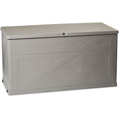 Toomax - Baule Multibox Wood da esterni, rifinitura effetto legno, Art. 163, capienza 420L, dim. cm 120x56x63h, colore Grigio Tortora/Grigio Chiaro