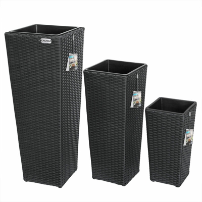 CASARIA Vaso Portafiori Set 3 pezzi Fioriera per piante e fiori effetto polirattan fioriere da giardino Nero