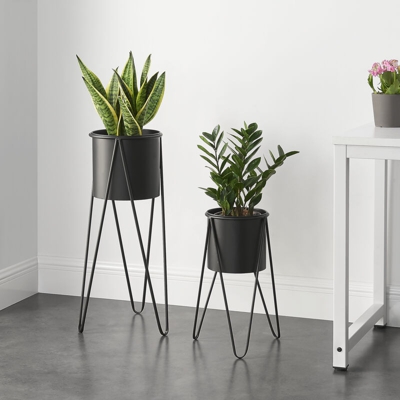 Set di 2 Portavasi in Metallo Supporto per Piante in 2 Misure Diverse con Coprivaso - Nero