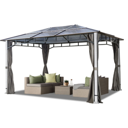 Gazebo da giardino 3x4 m look legno, tetto Hardtop con pannelli in policarbonato da ca. 8 mm, 4 teli laterali color grigio características