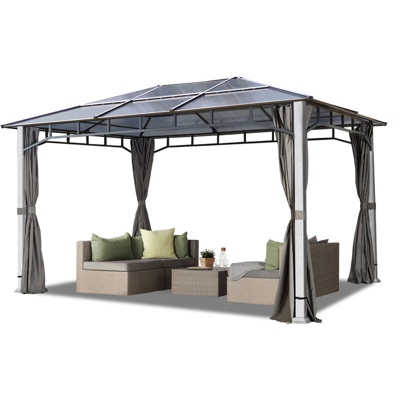Gazebo da giardino 3x4 m look legno, tetto Hardtop con pannelli in policarbonato da ca. 8 mm, 4 teli laterali color grigio