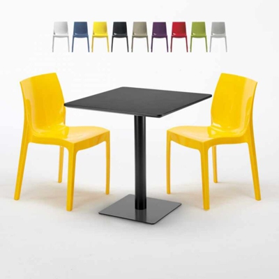 Grand Soleil - Tavolino Quadrato Nero 70x70 cm con 2 Sedie Colorate Ice Kiwi | Giallo