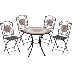 Set tavolo da giardino rotondo con mosaico in ceramica e 4 sedie pieghevoli en oferta