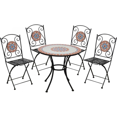 Set tavolo da giardino rotondo con mosaico in ceramica e 4 sedie pieghevoli
