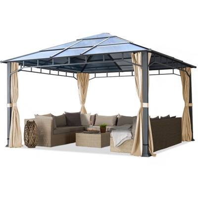 Gazebo da Giardino 4x4 m Telaio in Alluminio Tetto in Policarbonato da ca. 8 mm Gazebo da Giardino 4 Teli Laterali Color Crema