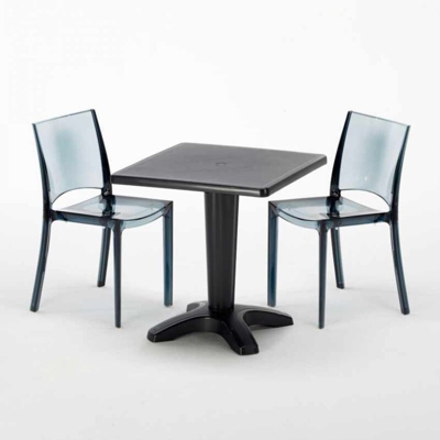 Tavolino Quadrato 70x70 cm e 2 Sedie Colorate Trasparenti Caffè | B-Side Nera Trasparente Antracite - Nero