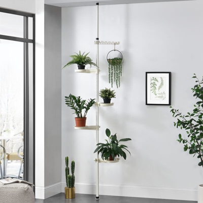 Portafiori telescopico 110 - 305 cm scaffale per piante con 4 ripiani e un pendente Plastica e metallo Bianco