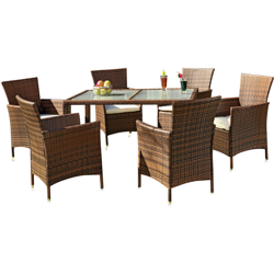 Melko set da pranzo in rattan - set da giardino con 6 sedie e tavolo da giardino con piano in vetro con tappezzeria, dinette, mobili da giardino per en oferta