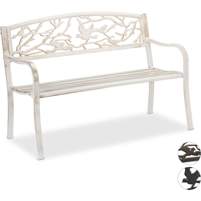 Relaxdays - Panca da Giardino, con Volatili Decorativi, Accessorio di Arredo da Esterno, 87x127x57 cm, Bianco-Bronzo