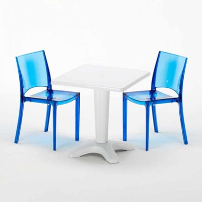 Grand Soleil - Tavolino Quadrato 70x70 cm e 2 Sedie Colorate Trasparenti Caffè | B-Side Blu Trasparente - Bianco