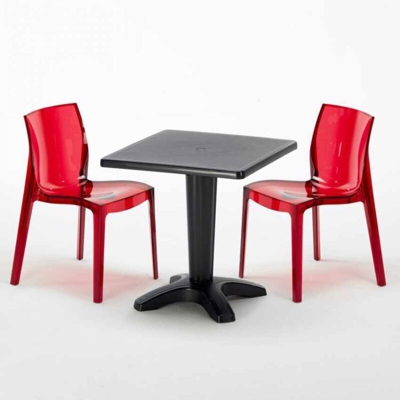 Tavolino Quadrato 70x70 cm e 2 Sedie Colorate Trasparenti Caffè | Femme Fatale Rossa Trasparente - Nero