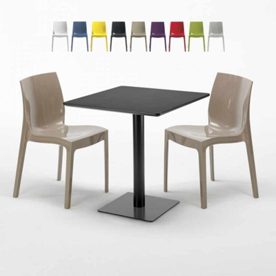 Grand Soleil - Tavolino Quadrato Nero 70x70 cm con 2 Sedie Colorate Ice Kiwi | Beige