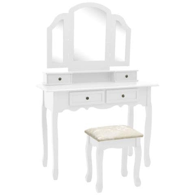 Tavolo Da Trucco E Sgabello Bianco 100x40x146cm Legno Paulownia