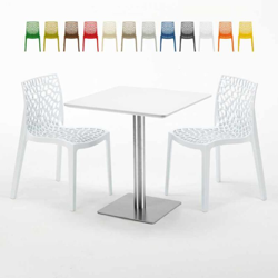 Grand Soleil - Tavolino Quadrato Bianco 70x70 cm con Base in Acciaio e 2 Sedie Colorate Ice Strawberry | Bianco características
