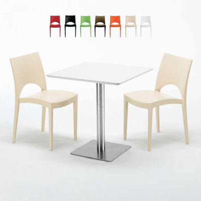 Grand Soleil - Tavolino Quadrato Bianco 70x70 cm con Base in Acciaio e 2 Sedie Colorate Paris Strawberry | Beige
