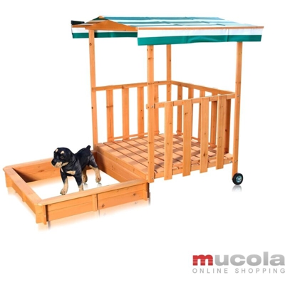 Sandbox con veranda giochi, copertura e protezione solare per bambini, in legno, 182 x 100 x 140, sandbox con ringhiera, tetto verde bianco - Melko