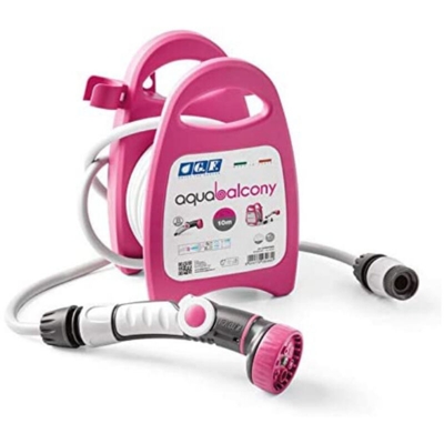 Tubo da Giardino Pompa Acqua 10mt con Avvolgitubo a Parete Pistola 8 Getti Fuxia