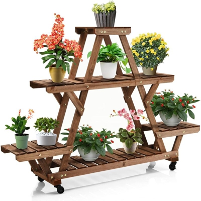 Scaffale per Piante in Legno a 4 Livelli, Fioriera con Ruote, Portafiori a Scala per Giardino Balcone Cortile,143,5 x 34 x 105 cm