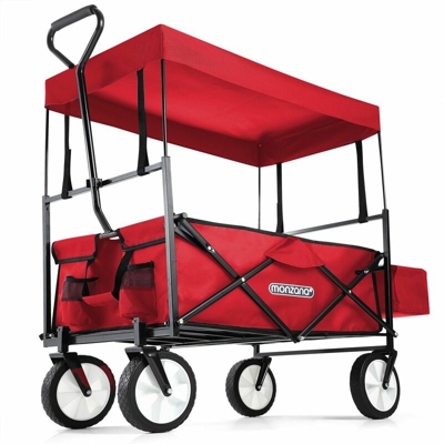 Carrello Pieghevole con Ruote Tetto carico Max. 70kg Tasca Esterna 2 Tasche a Rete Giardino Spiaggia Mare Rosso