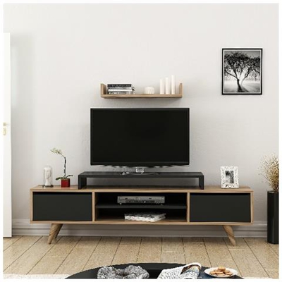 Mobile Porta Tv Melis - Con Ante, Ripiani, Mensole - Da Salotto - Nero, Legno In Legno, 160 X 30 X 48 Cm