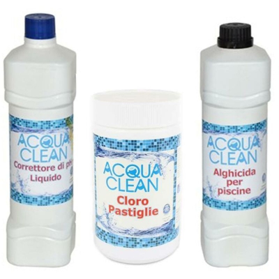 Kit trattamento base per acqua Piscina con cloro pastiglie 90, alghicida e correttore ph -