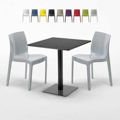 Grand Soleil - Tavolino Quadrato Nero 70x70 cm con 2 Sedie Colorate Ice Kiwi | Grigio