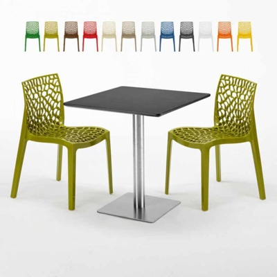 Grand Soleil - Tavolino Quadrato Nero 70x70 cm con 2 Sedie Colorate Gruvyer Rum Raisin | Verde Anice