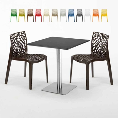 Grand Soleil - Tavolino Quadrato Nero 70x70 cm con 2 Sedie Colorate Gruvyer Rum Raisin | Marrone