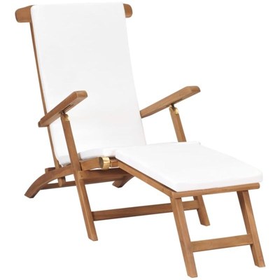Sedia a Sdraio con Cuscino in Massello di Teak Bianco Crema - crema - Vidaxl