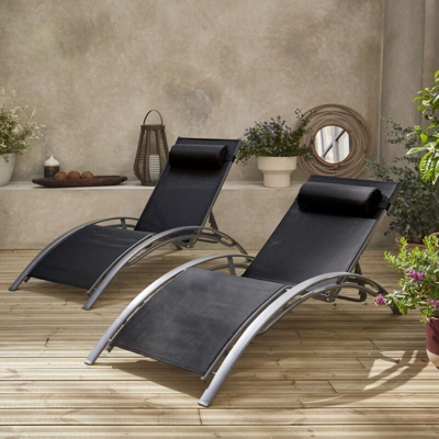 Coppia di lettini prendisole, in alluminio - Louisa, colore: Grigio e Nero - Sdraio in alluminio e textilene - Grigio