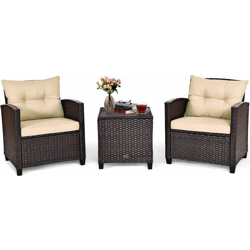 Set 3 Pezzi da Cortile, Set Divano in Rattan con Cuscino Lavabile, Superficie in Vetro Temperato, Mobili per Giardino Piscina Balcone en oferta
