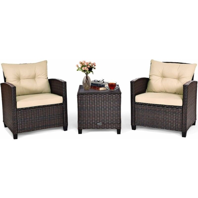 Set 3 Pezzi da Cortile, Set Divano in Rattan con Cuscino Lavabile, Superficie in Vetro Temperato, Mobili per Giardino Piscina Balcone