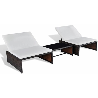 Lettini Prendisole 2 pz con Tavolo in Polyrattan Marrone