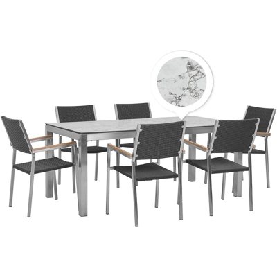 Set tavolo da giardino effetto marmo 180 cm e 6 sedie rattan nero GROSSETO