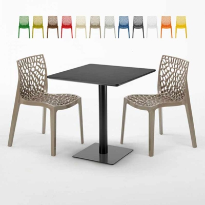 Grand Soleil - Tavolino Quadrato Nero 70x70 cm con 2 Sedie Colorate Gruvyer Kiwi | Beige Juta