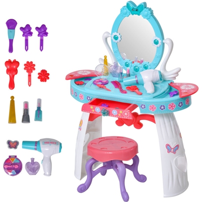 Homcom Postazione Trucco Giocattolo Azzurra per Bambini con Accessori Inclusi