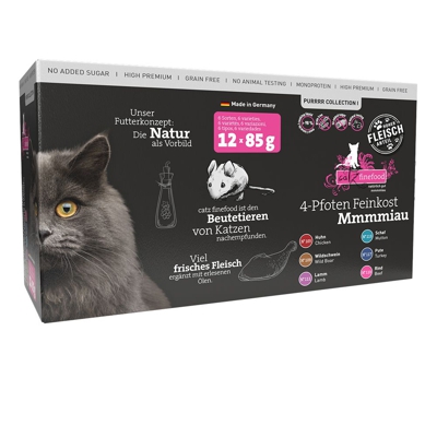 Set misto catz finefood Purrrr in busta - 12 x 85 g: 2xPollo, 2xCinghiale, 2xAgnello, 2xPecora, 2xTacchino, 2xManzo