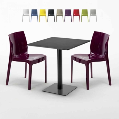 Grand Soleil - Tavolino Quadrato Nero 70x70 cm con 2 Sedie Colorate Ice Kiwi | Viola