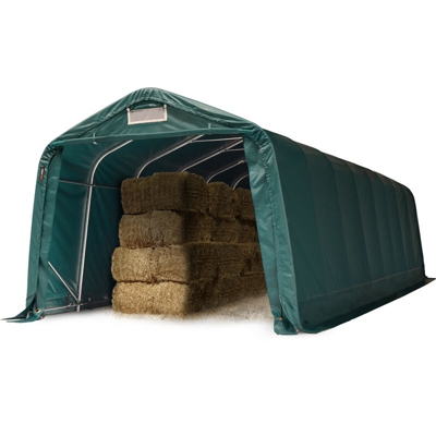 Box Cavalli 3,3x9,6m, robusto telo verde in PVC ca. 550g/m², protezione per cavalli, bovini, riparo per animali, per cemento